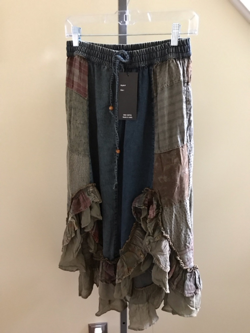YOUNG THREADS NWT Skirt Denim Neutral Plaid Ruffles Size Small